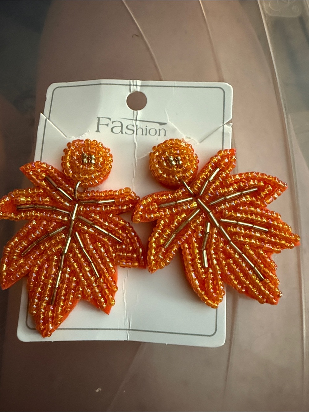 Orange Beaded Leaf Drop Earrings for Women